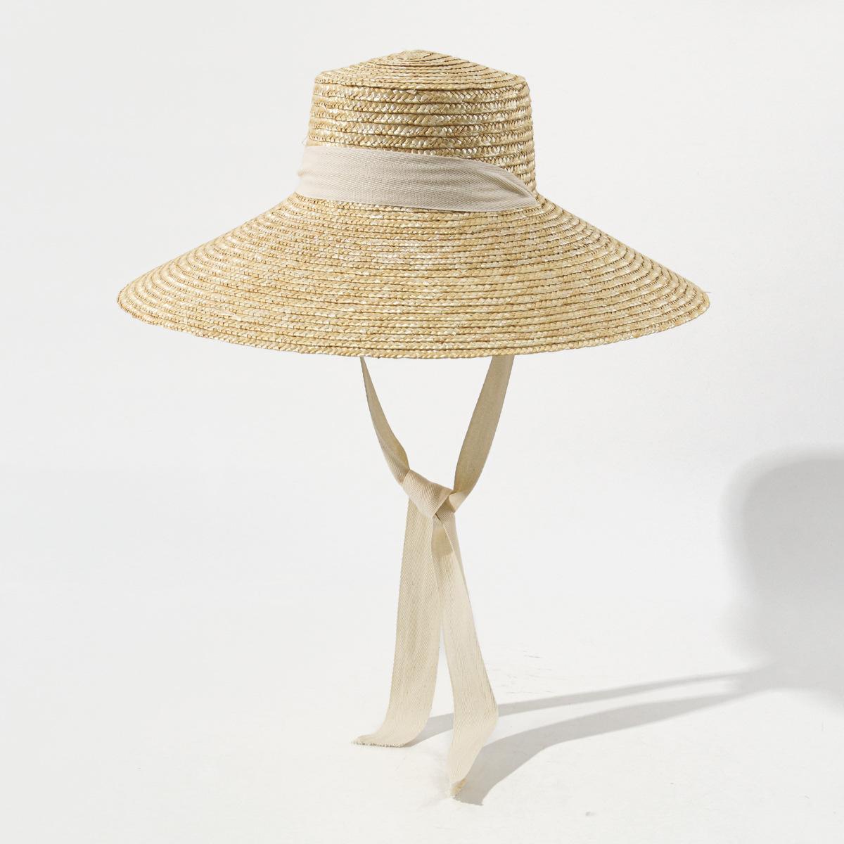 European American Long Streamer Wide Brim Straw Hat for Women, Large Beach Sun Cap with Wheat Straw, Vacation 15cm brim