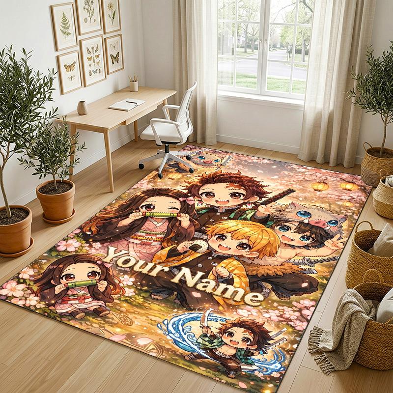 Personalized Crystal Velvet Carpet,Demon Slayer Custom Printed Name, Plush Area Rug For Home Indoor Decor