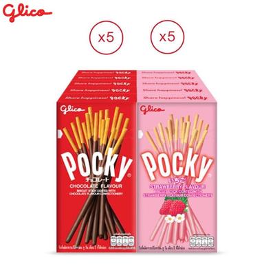Glico Pocky Duo Happiness Set, Keksstangen mit Schokolade und Erdbeere überzogen, insgesamt 10 Stück – Thai-Snack