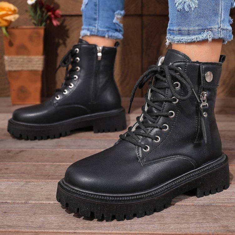 New Women Platform Boots Solid Color Lace Up Side Zipper Ankle Boots Winter Women Shoes Large Size Ladies' Shoes