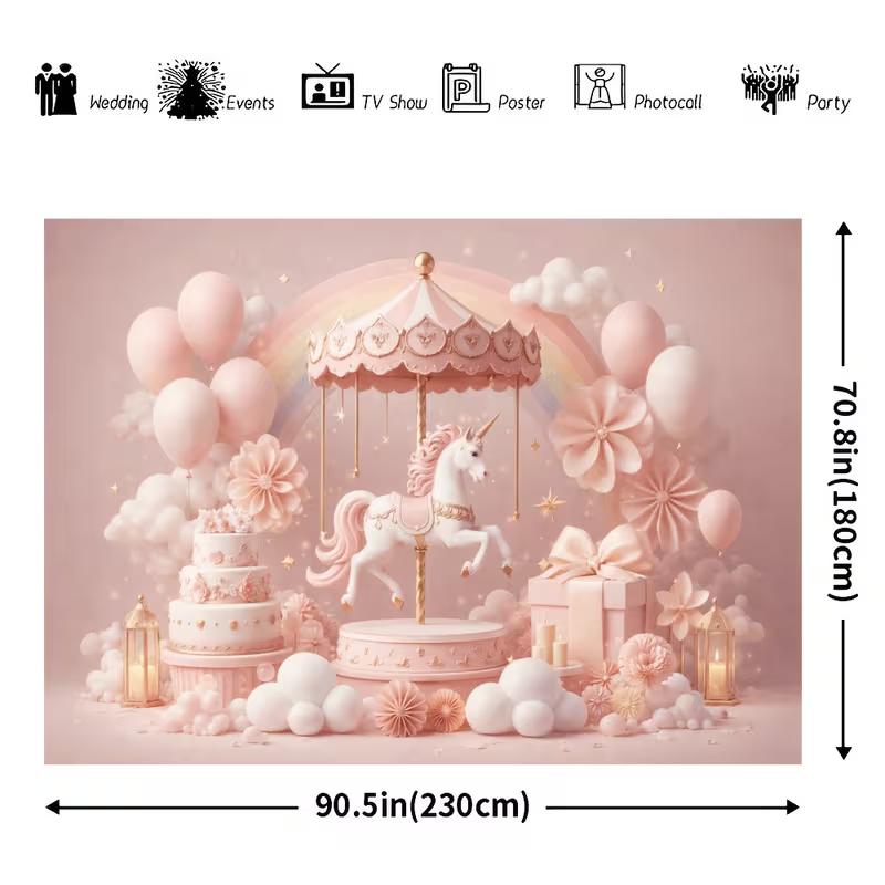 2D Dreamy Pastel Unicorn Backdrop with Rainbow & Clouds Party Photo Booth Background