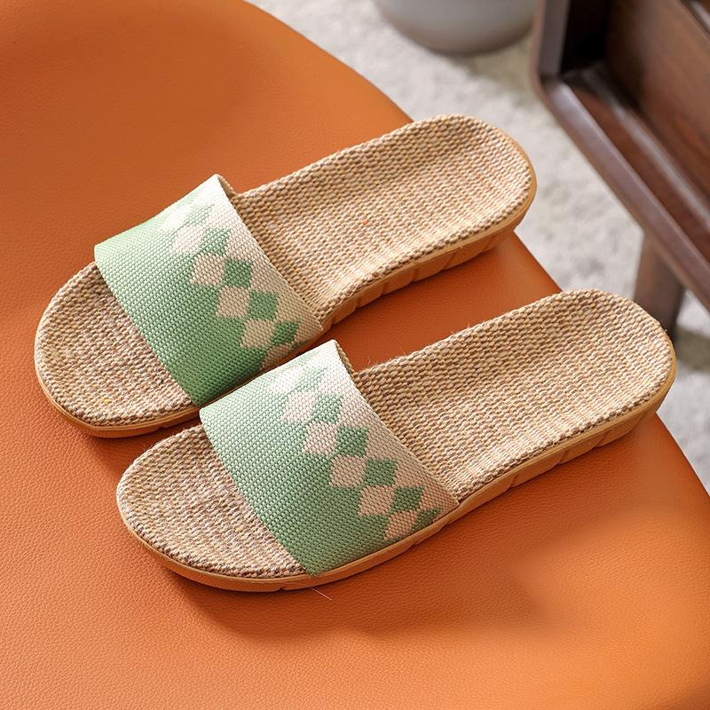 Women Men Block Linen Indoor and Outdoor Home Wooden Floor Tiles Slip Summer Four Seasons Linen Open Toe Straw Straw Slippers