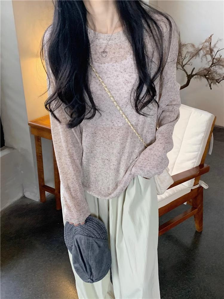 White sunscreen blouse women's lazy casual loose shirt early spring thin slightly transparent long-sleeved knitted top