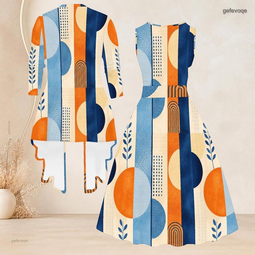 Women Plus Size Two Piece Set Plaid Printed 3 4 Sleeve Draped Cardigan Sleeveless Tie Waist Flared Dress