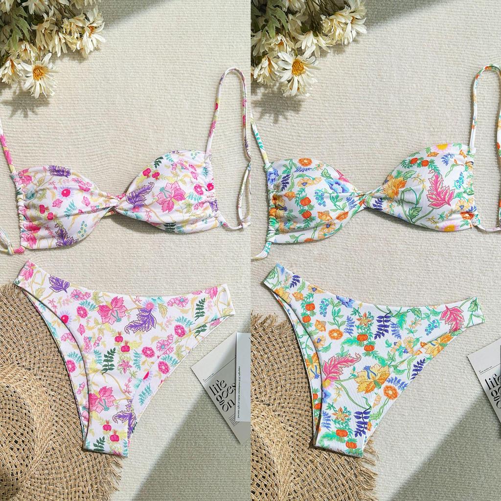 2024 European & American Floral Backless Sexy Two-Piece Bikini Swimsuit for Women