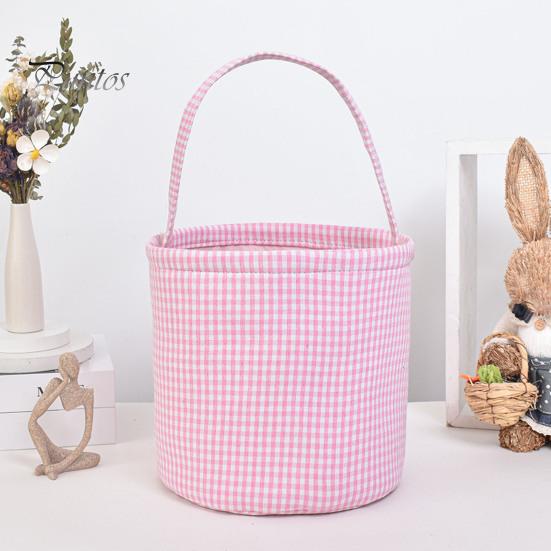 Gingham Easter Bucket for Kids Nursery Storage Bag New Baby Gift Basket with Handle for Easter Egg Hunts Parties