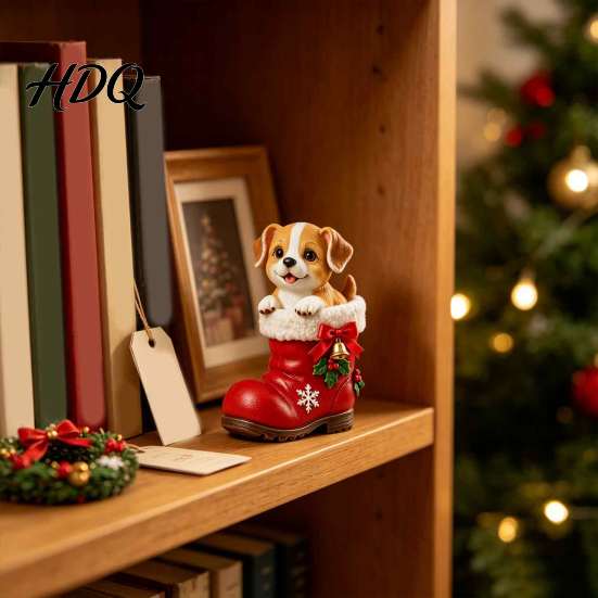 New Year Party Decorations Christmas Puppy in Santa Boot Resin Figurine Cute Dog Holiday Tabletop