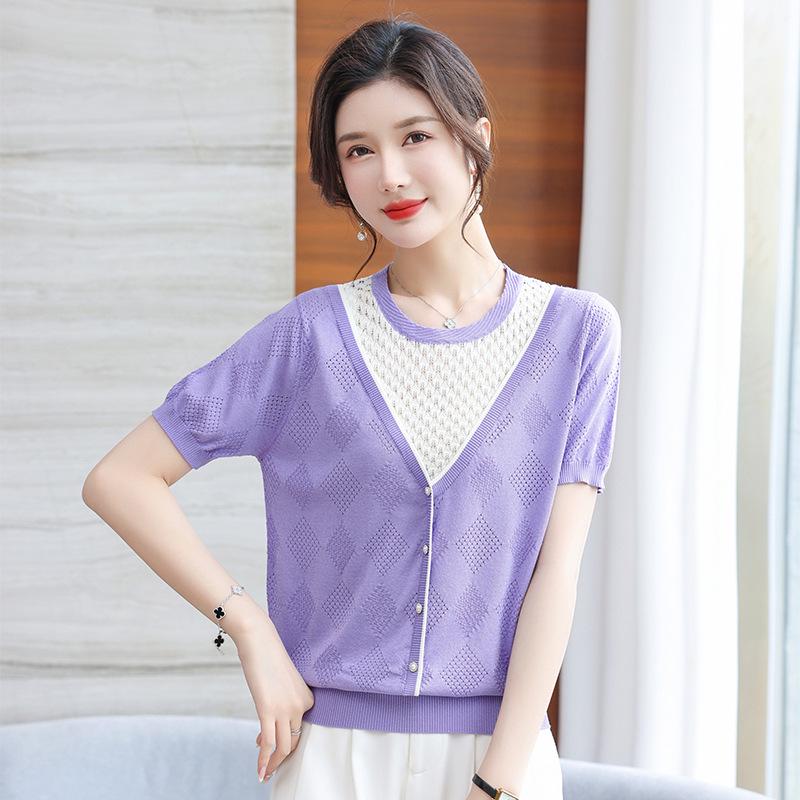 2026 Stylish Faux Two-Piece Short-Sleeve Knit Top for Mature Women, Lightweight Summer Ice Silk