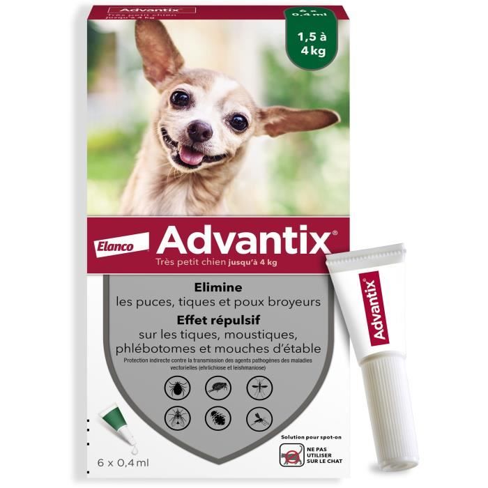 ADVANTIX Chien Solution Antiparasitaire Très Petite Race 1,5 À 4kg 6 Pipettes