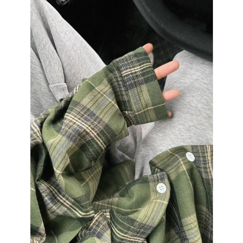 

Women s Green Plaid Retro Shirt Jacket - Spring/Autumn 2024, Long Sleeve, Loose Fit 4XL