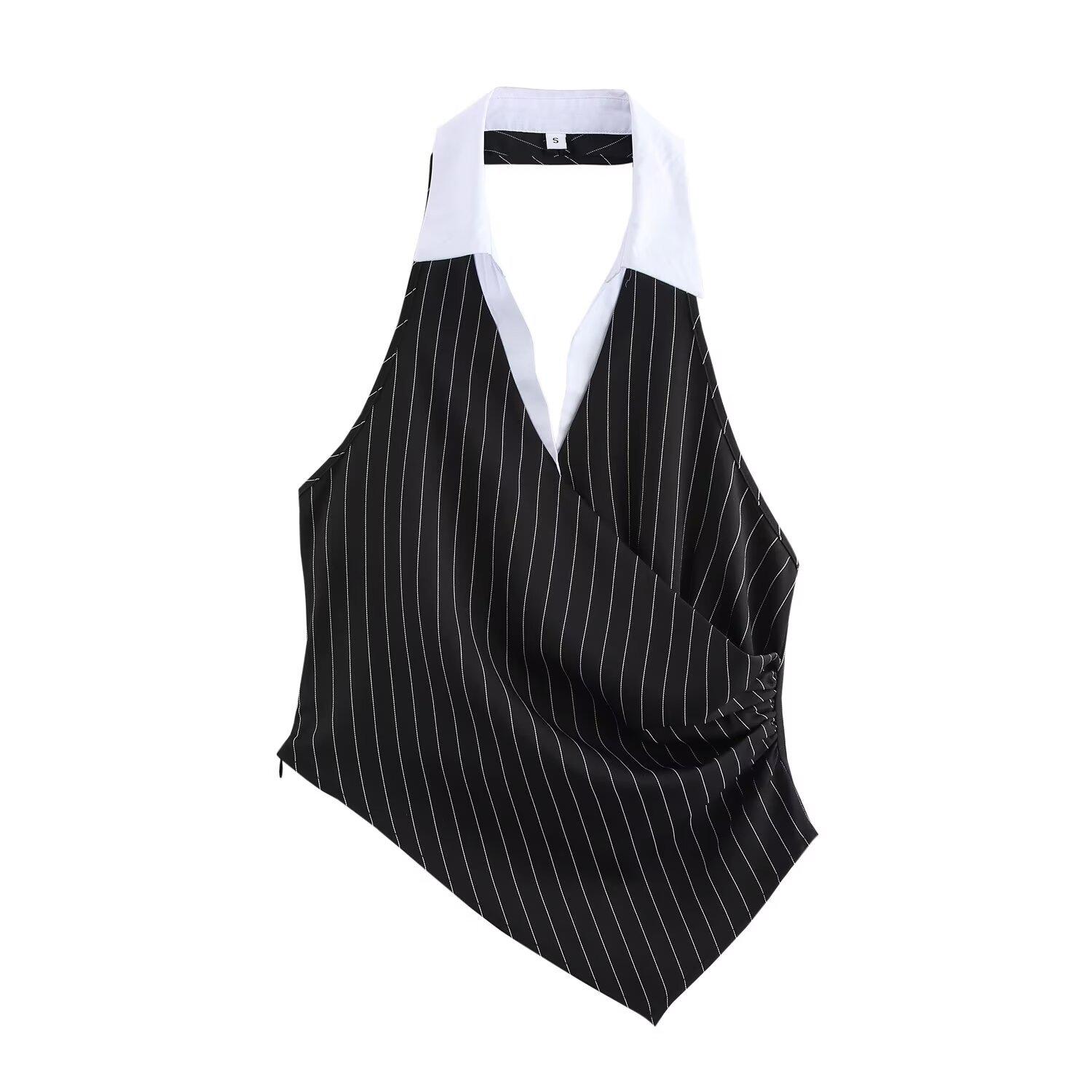 

2025 Spring Women s European-American Striped Lapel Spliced Irregular Fashion Top Large серый