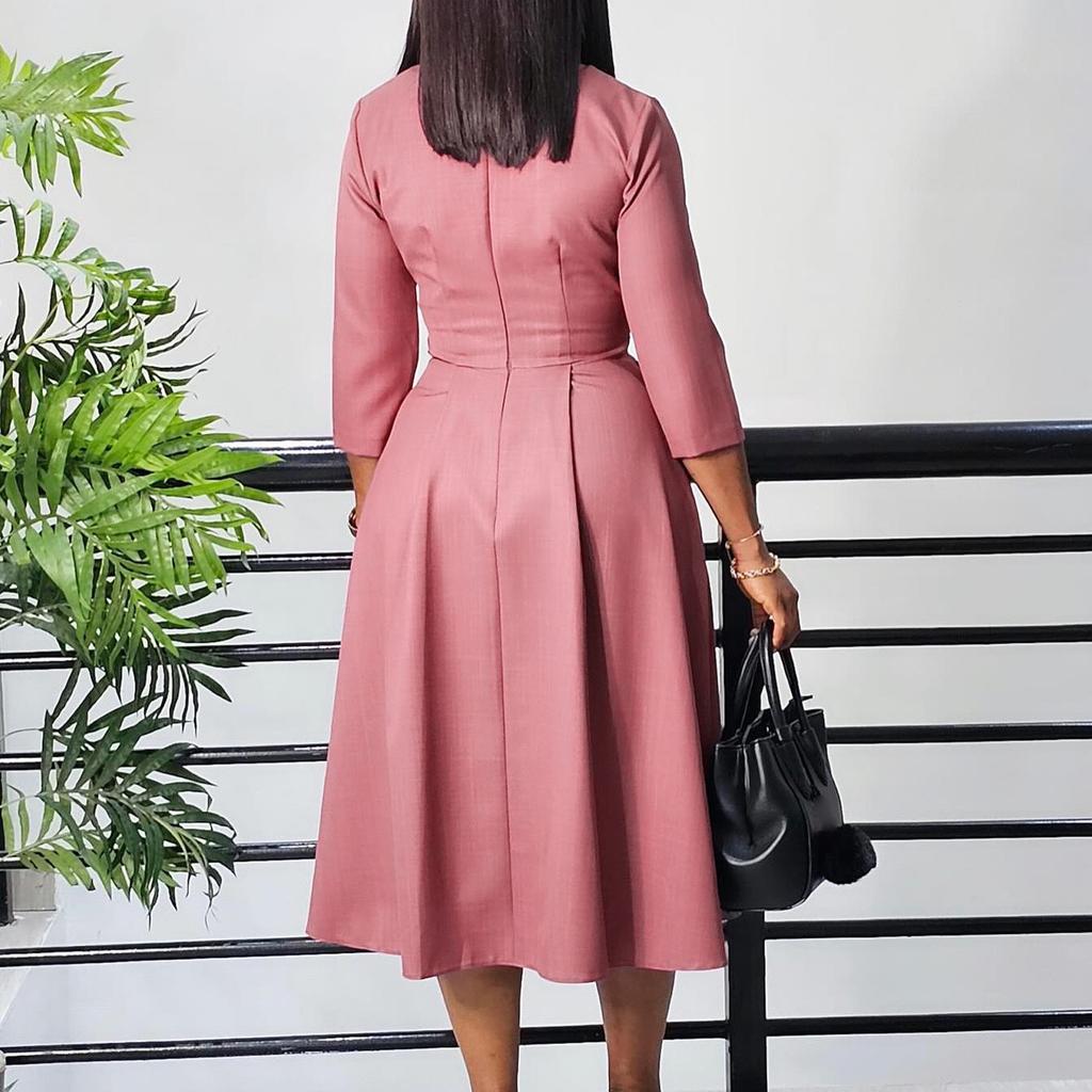 Elegante Bürokleider Damen Übergröße O-Ausschnitt Faltenkleid Wadenlang Formell Damen Business Arbeitskleidung Kleid