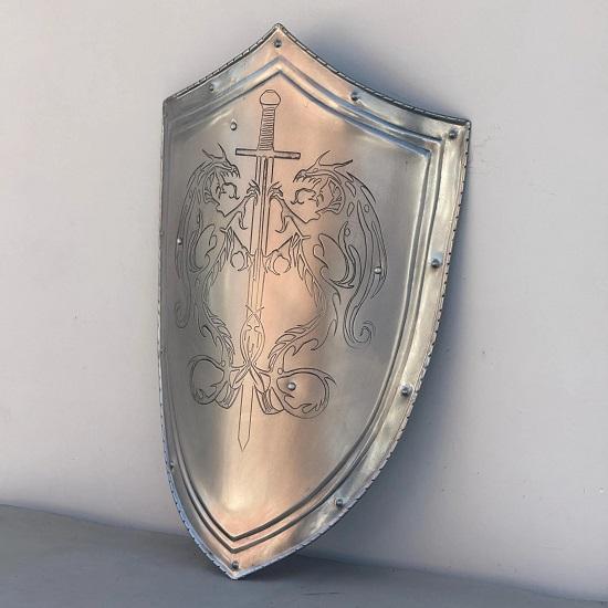 Medieval Etched Dragon Templar Shield Metal Shield Larp Cosplay  Display Shield Halloween Costume