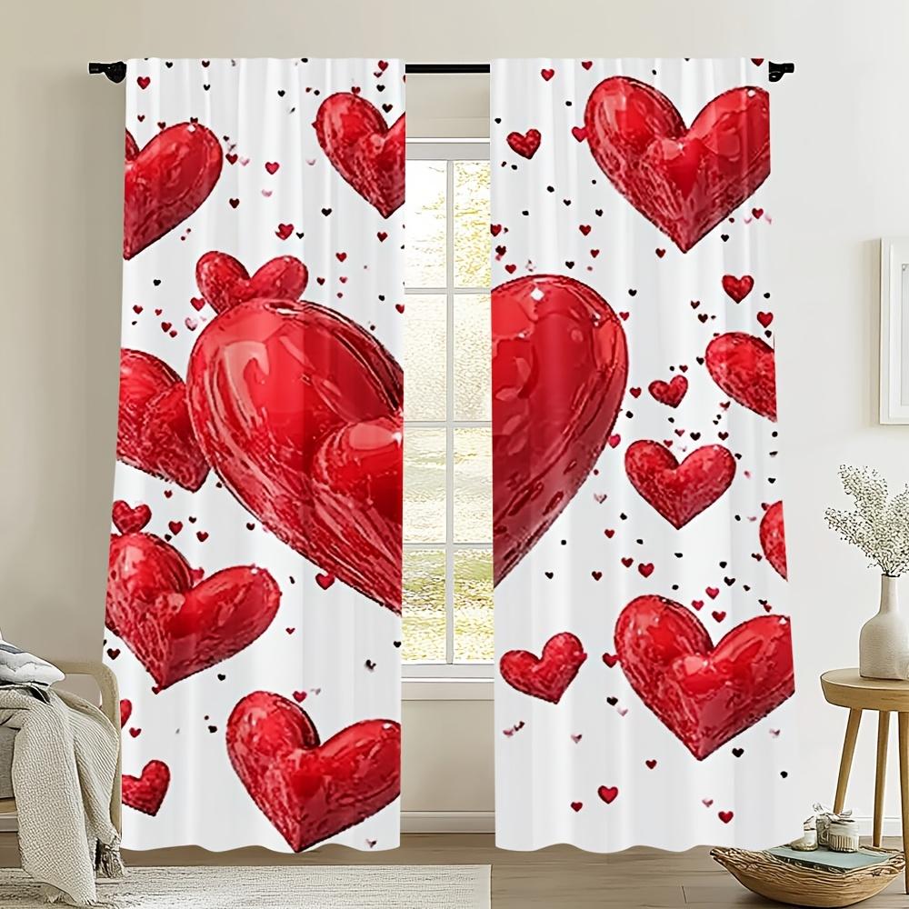 2pc Valentine's Day Red Heart Printed Curtains   Polyester Fabric   Machine Washable   Suitable for Living Room Bedroom Decoration