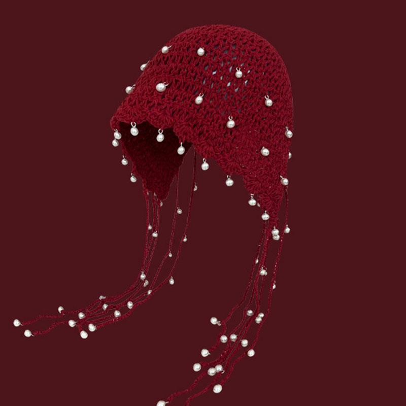 Fashion Handmade Weaving Hollow Out Beanie Hat Woman Autumn Hook Flower Korean Style Pearl Tassels Pullover Knitted Hat