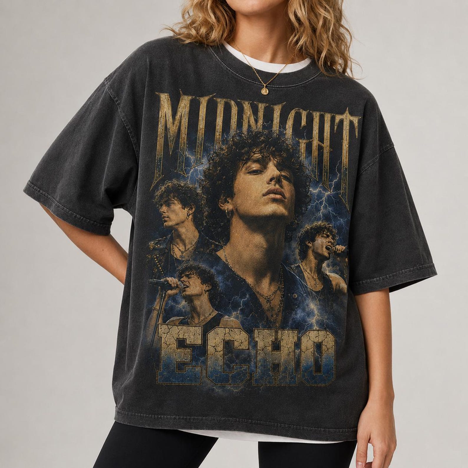 Midnight Echo Vintage Concert Graphic Tee, Oversized Washed Retro Music Shirt 4XL