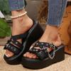 Women's Punk Style Slide Sandals with Chunky Sole, Metallic Star Chain Accents, and Buckle Straps - Black Open-Toe Platform Shoes for Casual Summer