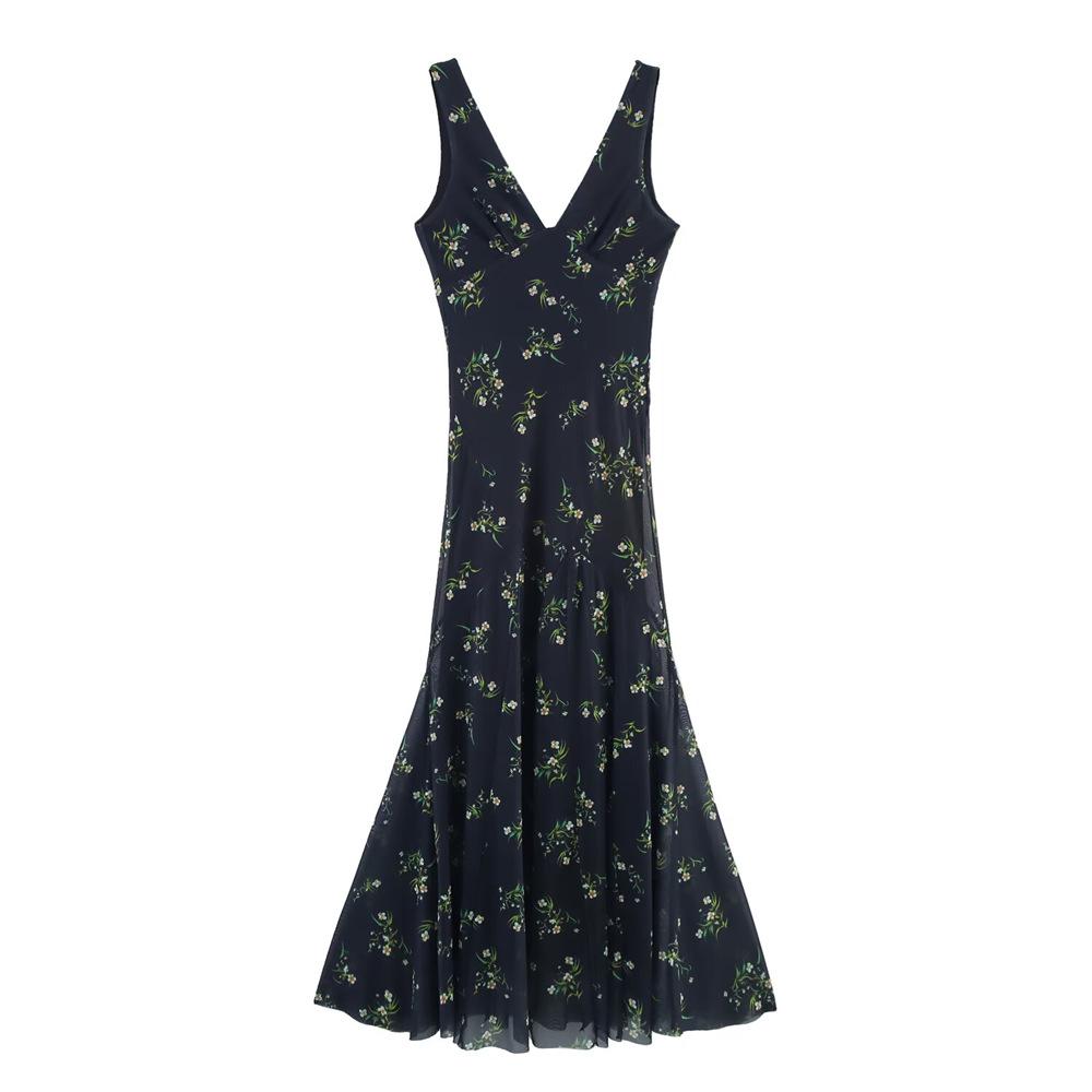 

Женское приталенное шелковое платье без рукавов с V-образным вырезом и цветочным принтом, весна/лето 2025 Medium чёрный