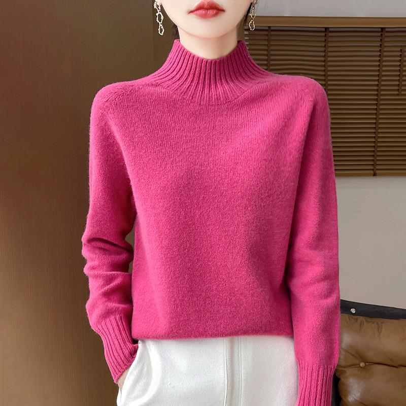 Women's Pure Wool Half-High Collar Loose Knit Sweater - Thickened Autumn/Winter Base Layer Pullover
