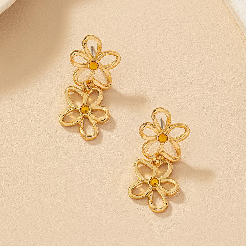 Hollow Double Flower Drop Earrings Korean Design Fashion Minimalist Gold Color Ear Hip Hop Jewelry Gift