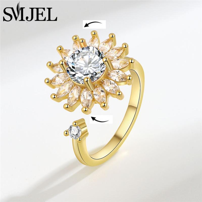 SMJEL Luxury Crystal Anxiety Relief Spinning Fidget Rings for Women Cute Sakura Daisy Rose Flower Rotating Ring Anti Stress Gift