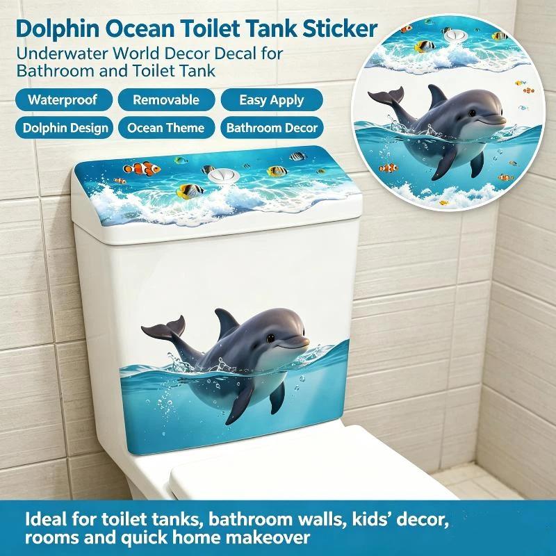 Cute Dolphin Toilet Tank Sticker Ocean Wave Vinyl Decal For Bathroom Decor Adhesive Home Decoration Accessories