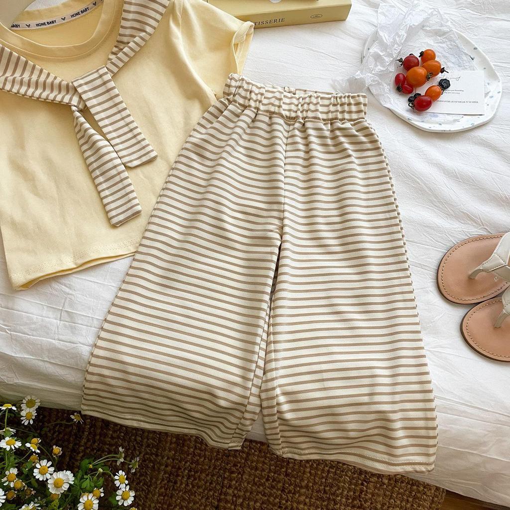 Korean Style Baby Girl Striped Shawl & Wide Leg Pants Set - Breathable, Skin-Friendly, Fashionable