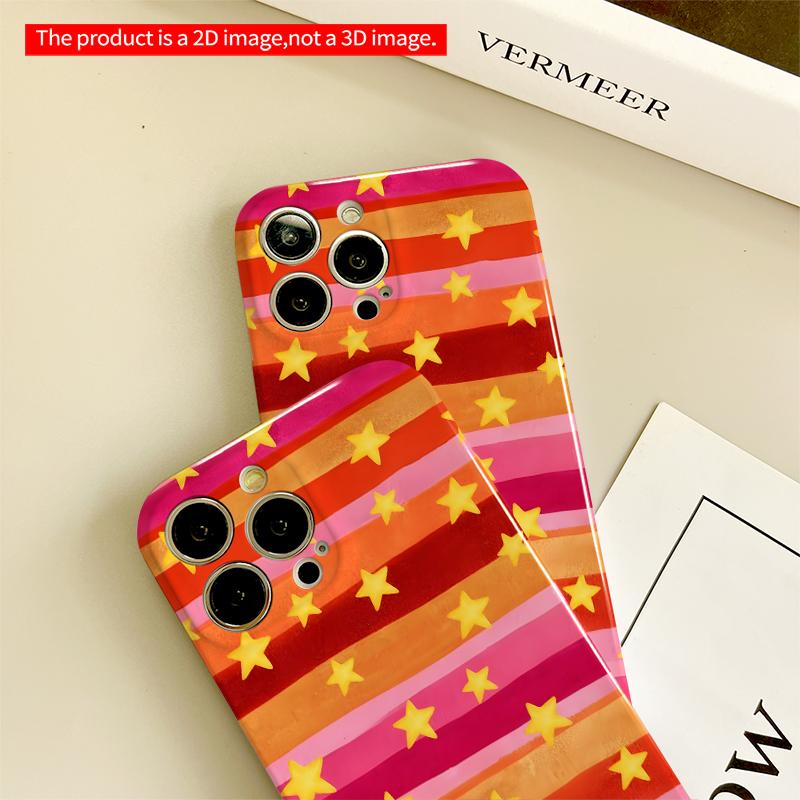 2DFlat Pink and orange striped phone case with yellow stars. All inclusive compatible with iPhone 18 Pro Max 17 16 15 14 13 12 11