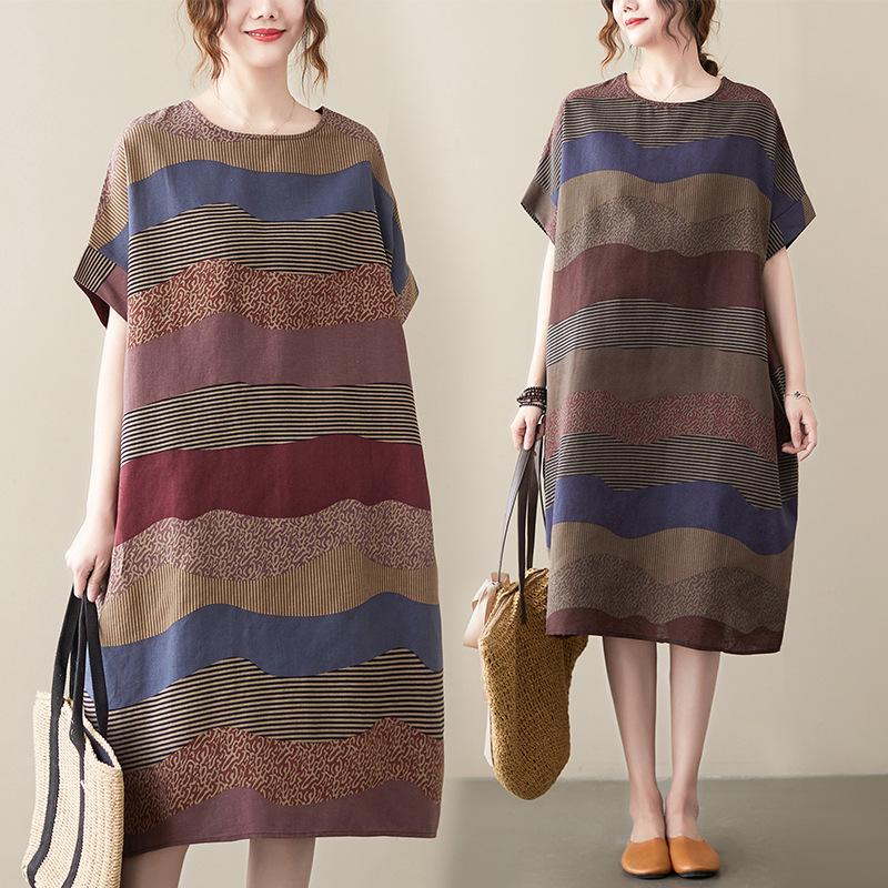 Summer Fat MM Cotton Hemp Retro Flower Art Knee Length Short Sleeved Dress for Women