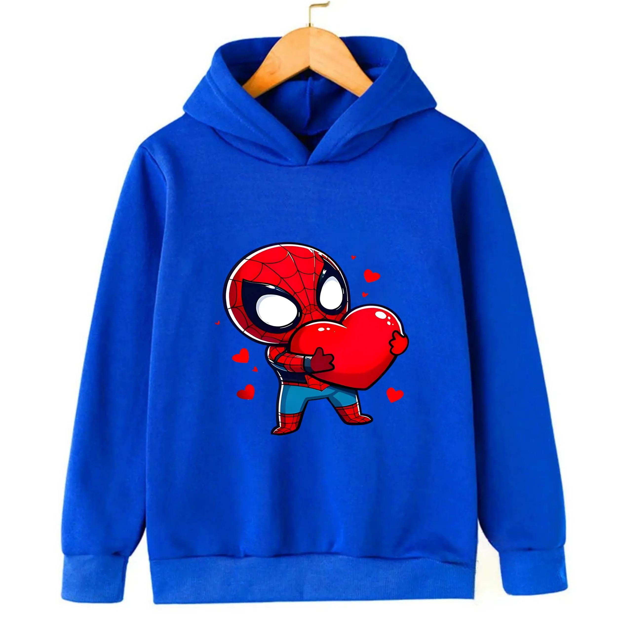 

2025 Autumn Best-Selling Children s Hoodie Black Spider-Man Cartoon Heart Print Long-Sleeved Pullover Hoodie 13-14Y