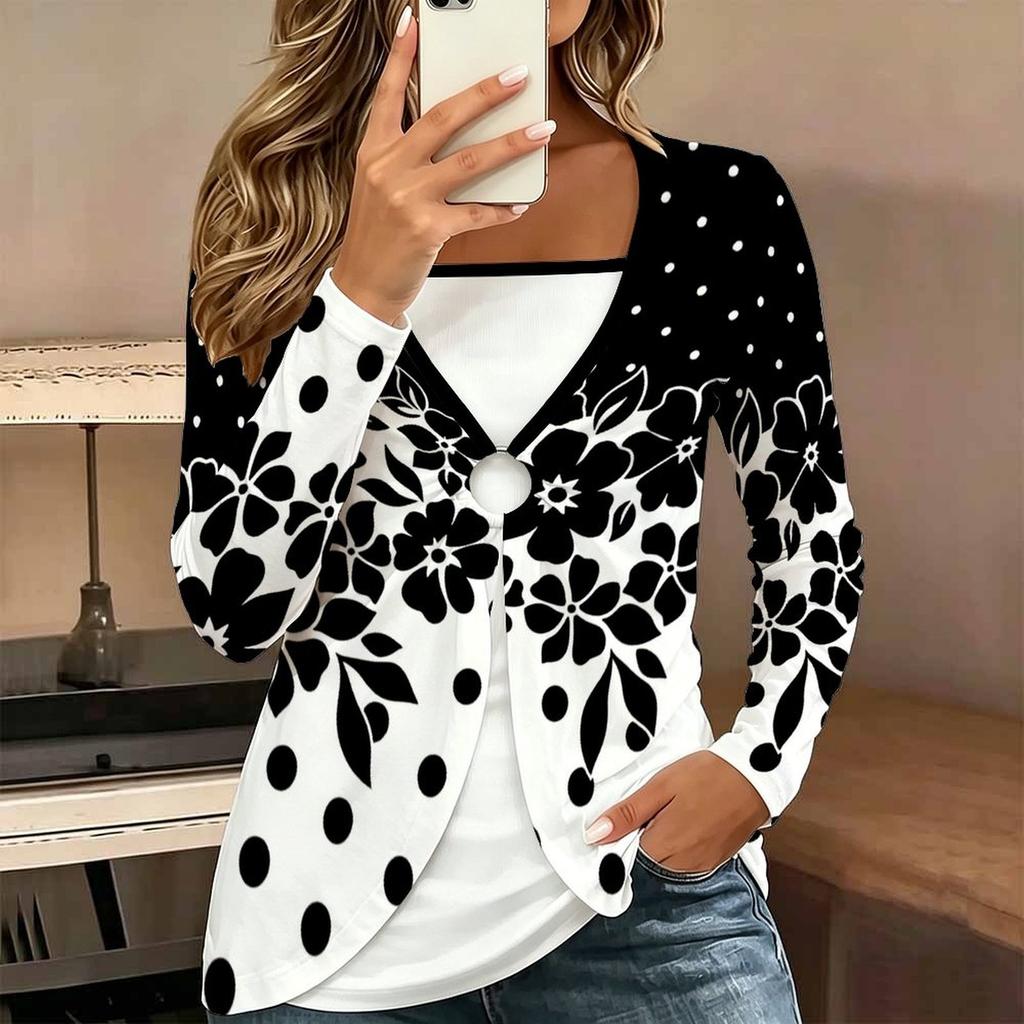 Tops for Women Simple Print Long Sleeve Fake Two‑Piece Top Fall Casual Slim Pullover Women's Long Sleeve Top