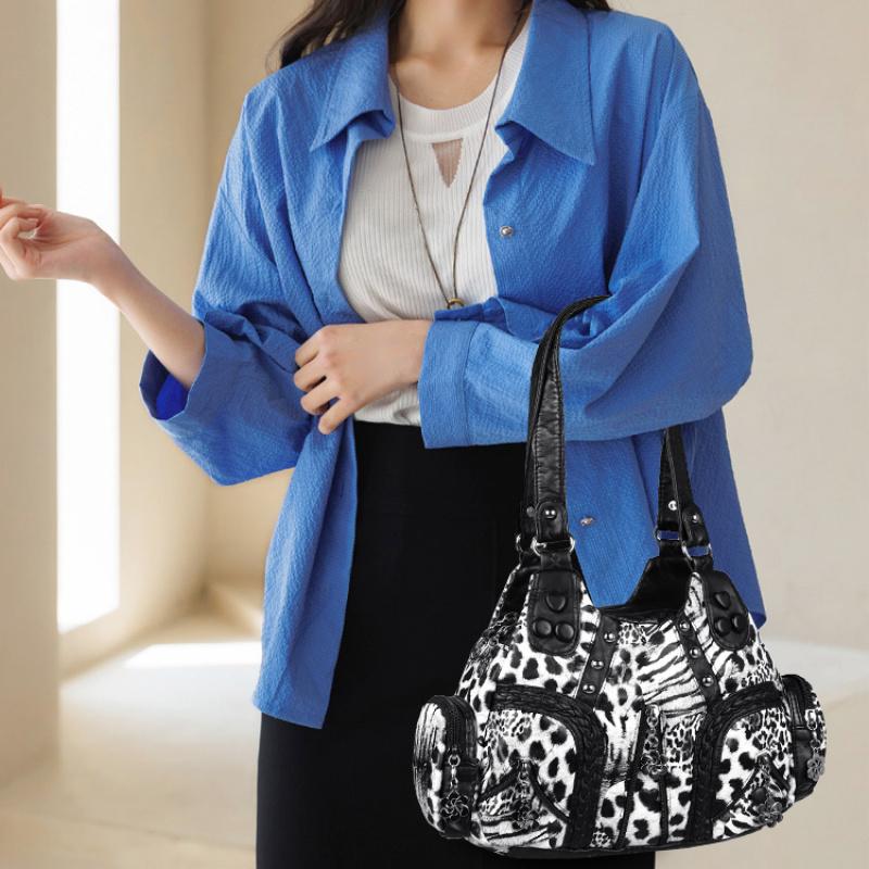 Női leopárdmintás Hobo Táska, Puha PU Bőr Többzsebes Válltáska, Vintage Szegecses Táska Levehető Pánttal a Mindennapi Utazáshoz