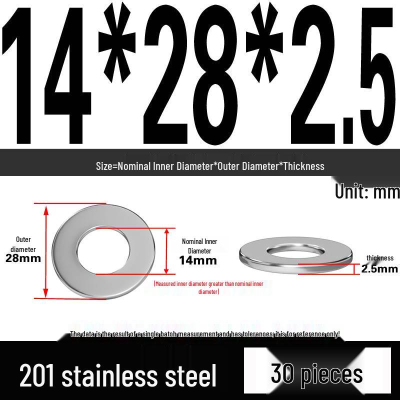 201 Stainless Steel Flat Washer Shim, GB97, Sizes M3 to M30