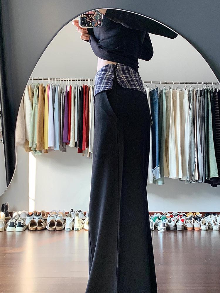 Women's High-Waisted Black Plaid Wide-Leg Patchwork Pants - Autumn 2025 Collection