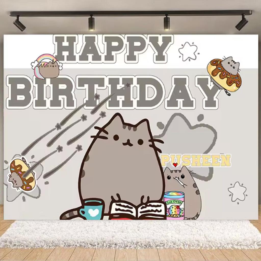 Cartoon Cute Fat Gray Cat Cake Happy Birthday Banner Custom Kid Birthday Party Decor Supplies Baby Shower Photography Background