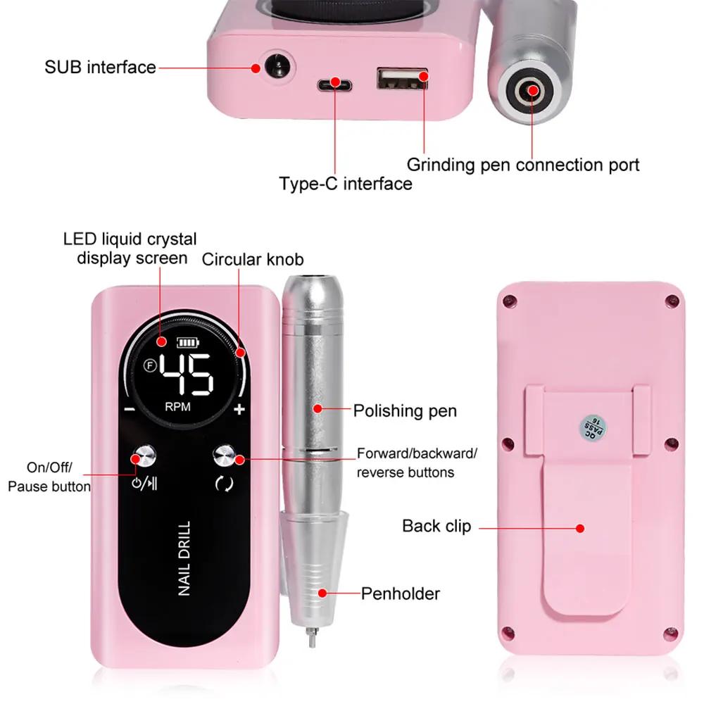45000RPM Nail Drill Machine Portable Rechargeable Electric Nail File With HD LCD Display Professional Nail Art Polishing Machine