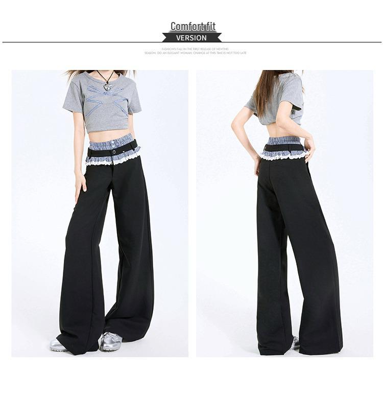 Plaid Patchwork Lace Double Waistband Wide-Leg Pants for Women - New 2025 Spring/Autumn Casual Long Pants