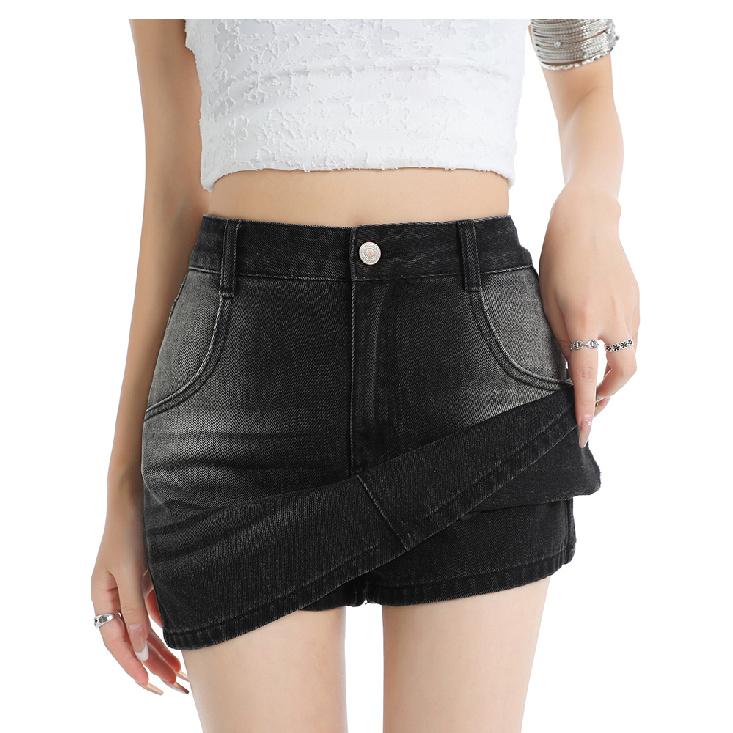 Blue Denim A- Line Mini Skirt Women'S High Waist Slimming Summer New Style Prevent Exposure Personality Wrap Around Short Skirt