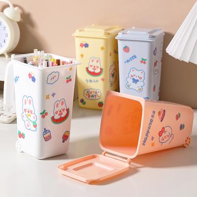 Large Capacity Cute Pen Holder Desktop Organizer Desk Small Rash Can with Lid Wheels Student Pencil Storage Box Office Stationer