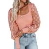 Frauen Frühling Mesh Puff Langarm Rippen Gestricktes Hemd Lose Beiläufige Tupfen Bluse Tops Elegante Rollkragen Party Clubwear