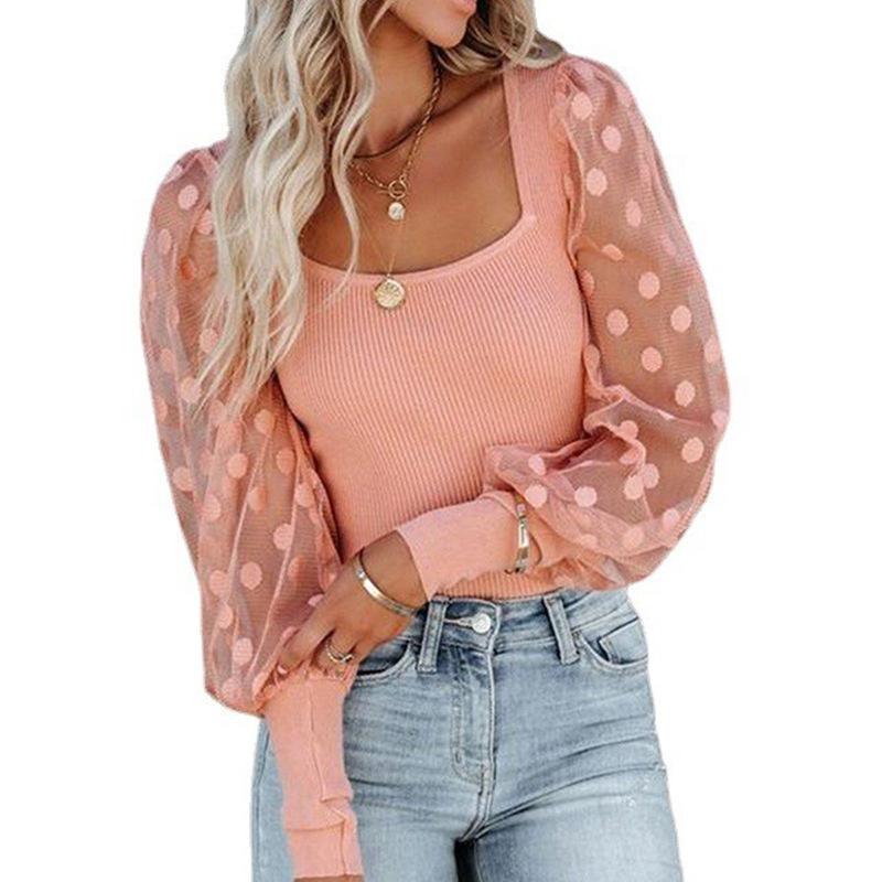 Frauen Frühling Mesh Puff Langarm Rippen Gestricktes Hemd Lose Beiläufige Tupfen Bluse Tops Elegante Rollkragen Party Clubwear