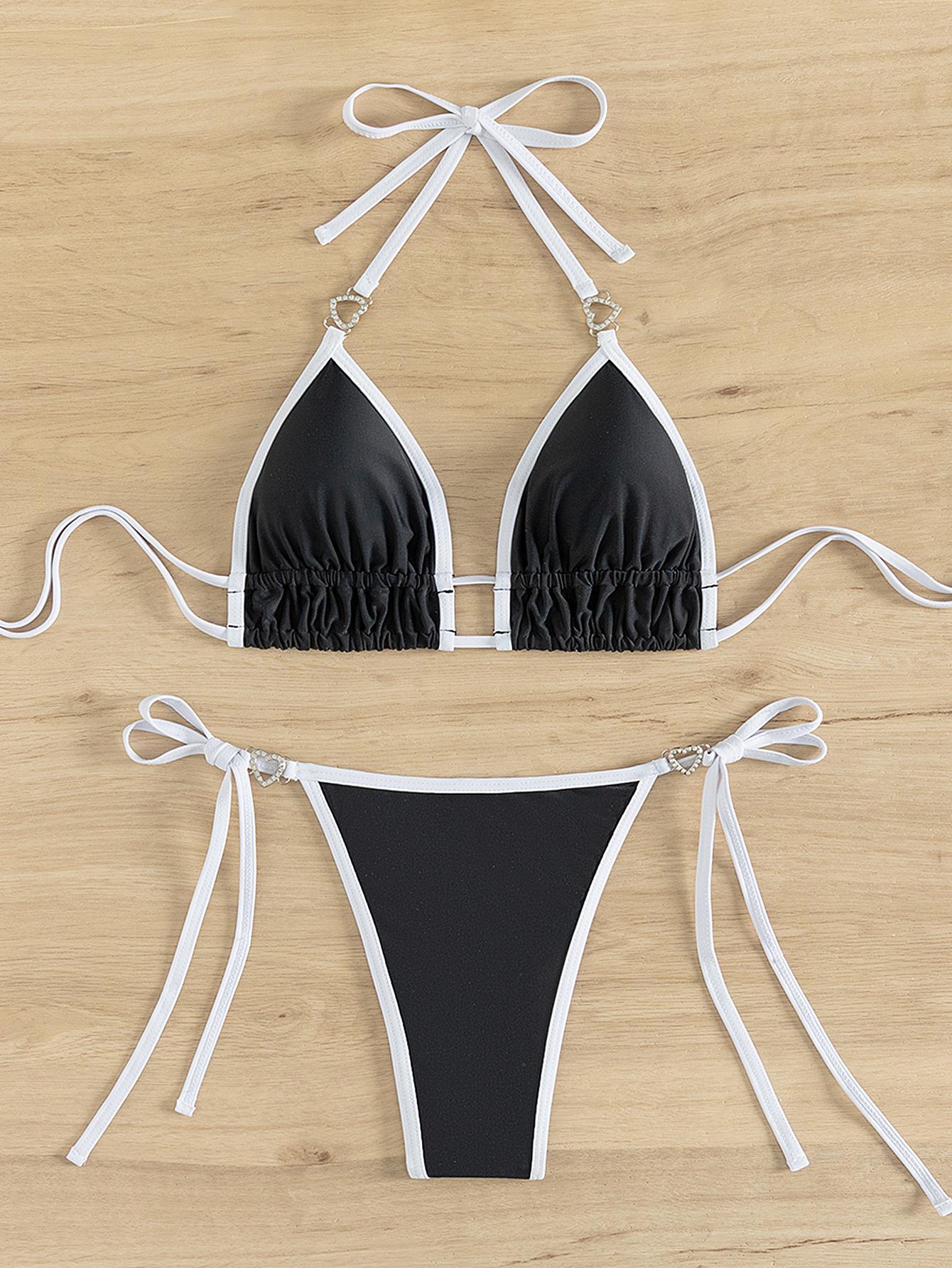 Color Block Tie Thong Sexy Two Piece Bikini Set Elegant Comfortable Swimwear XS
