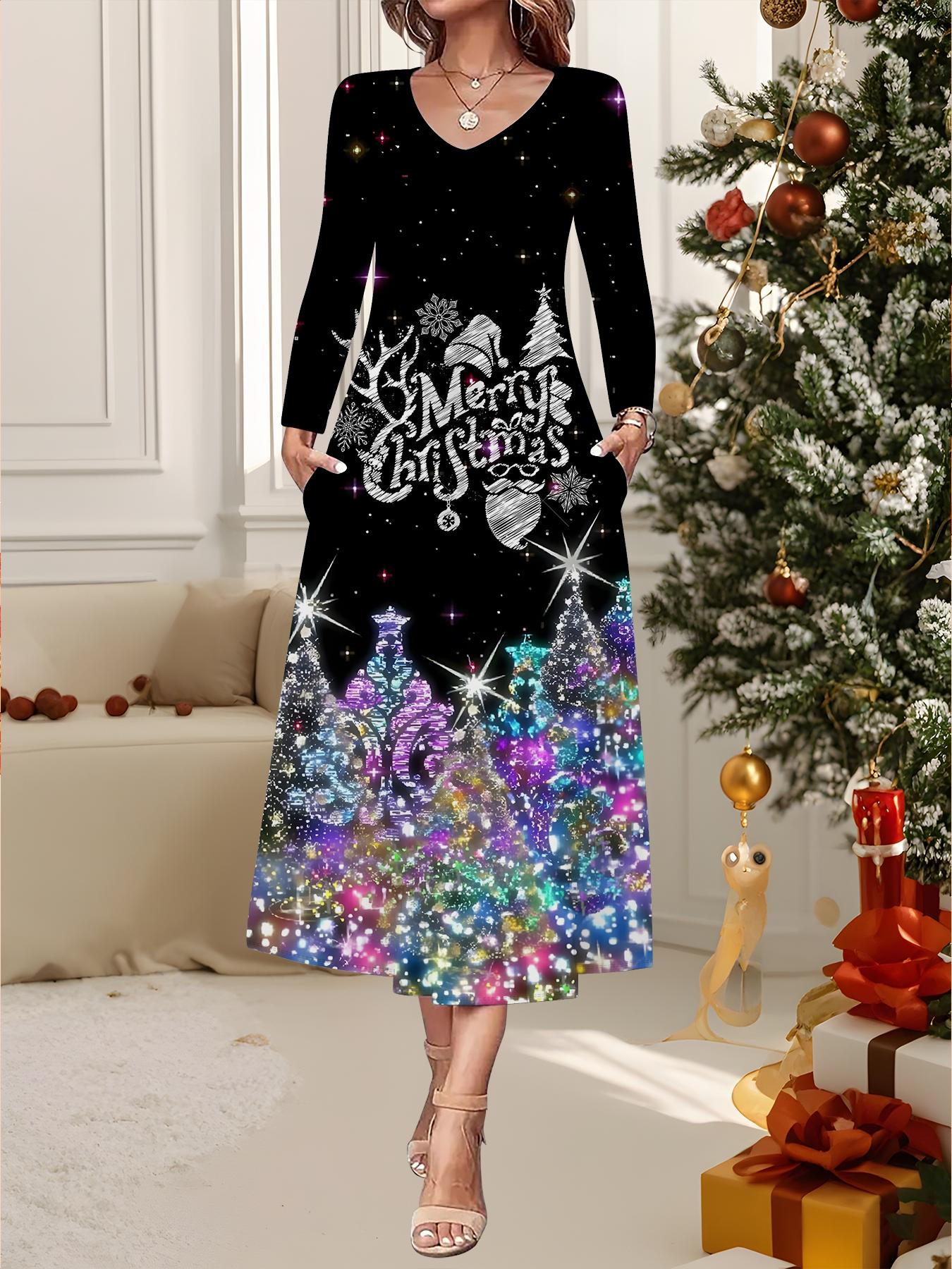 

2025 Осень и Зима Новое Женское Повседневное Модное Платье 3D Принт Снеговика Длинный Рукав V-образный Вырез А-силуэт Рождественский Подарок XXL синий