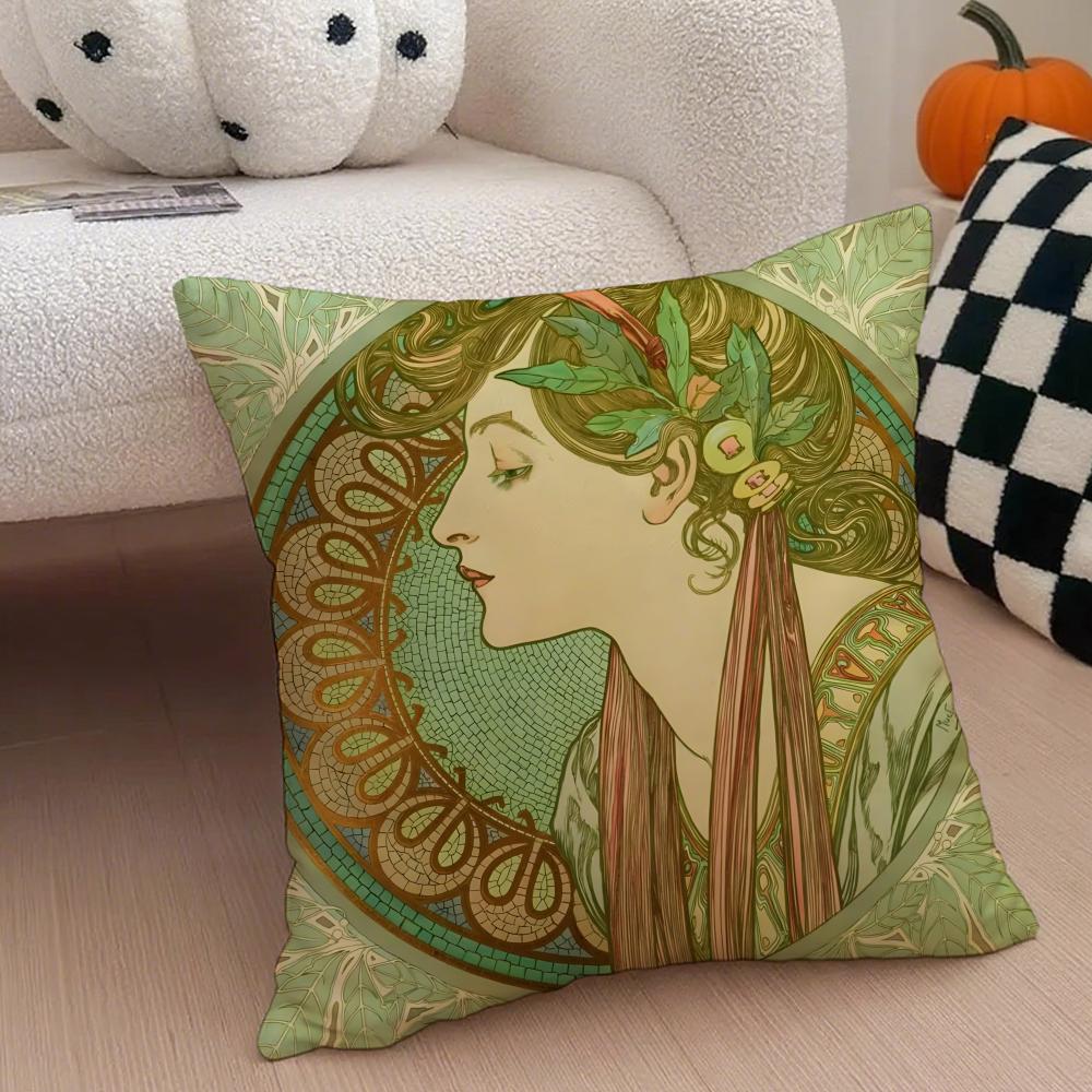 A-Alphonse Maria M-Mucha Cushion Cover Linen Pillow Case Soft Breathable Protective Couch Room Decoration