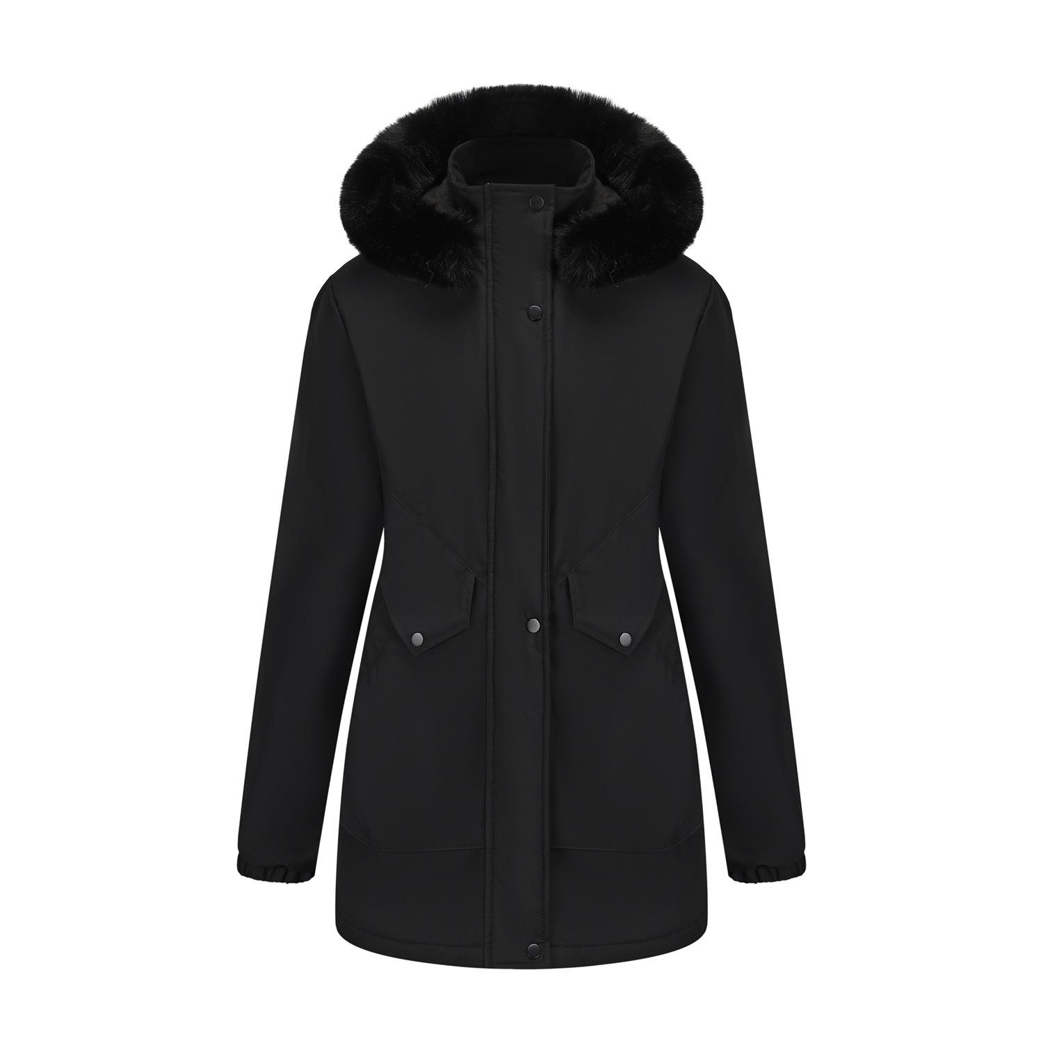 

Европейская и американская длинная зимняя парка для женщин, с флисовой подкладкой и большим меховым воротником XXL чёрный