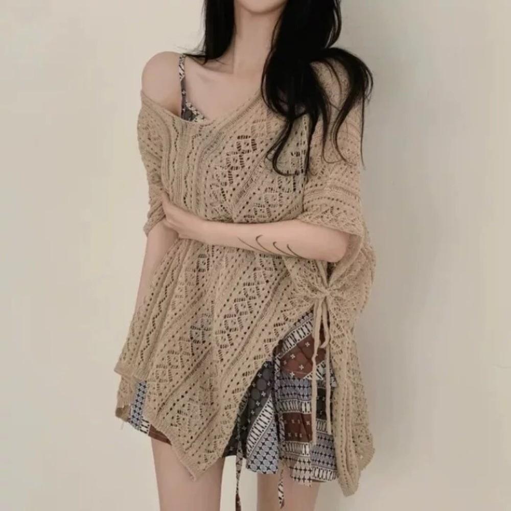 V-neck Hollow Out Swimsuit Cover Up Oversized Beach Wear Leisure Knitted Bikini Cover Up  Pool