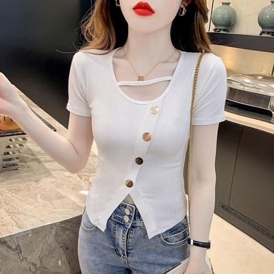 Short-sleeved Women's Summer New Slit Irregular T-shirt Chic Niche Unique Short Slim Body Ins