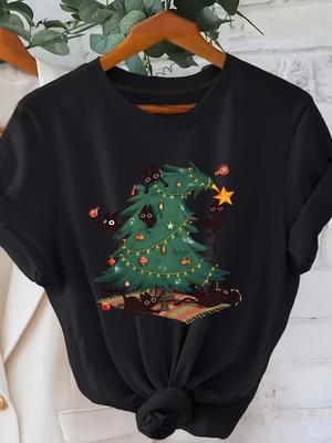 Women'S Christmas Tree & Kitten Graphic T-Shirt Cozy Crew Neck Short Sleeve Summer Sleeved Harajuku Streetwear Tops Tees