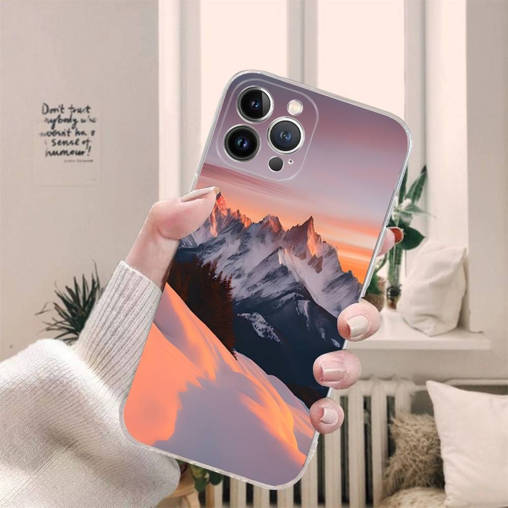 Beautiful Sunset Snow Mountain Phone Case For IPhone 17 16 15 14 13 11 12 Pro Max 16 Plus Transparent
