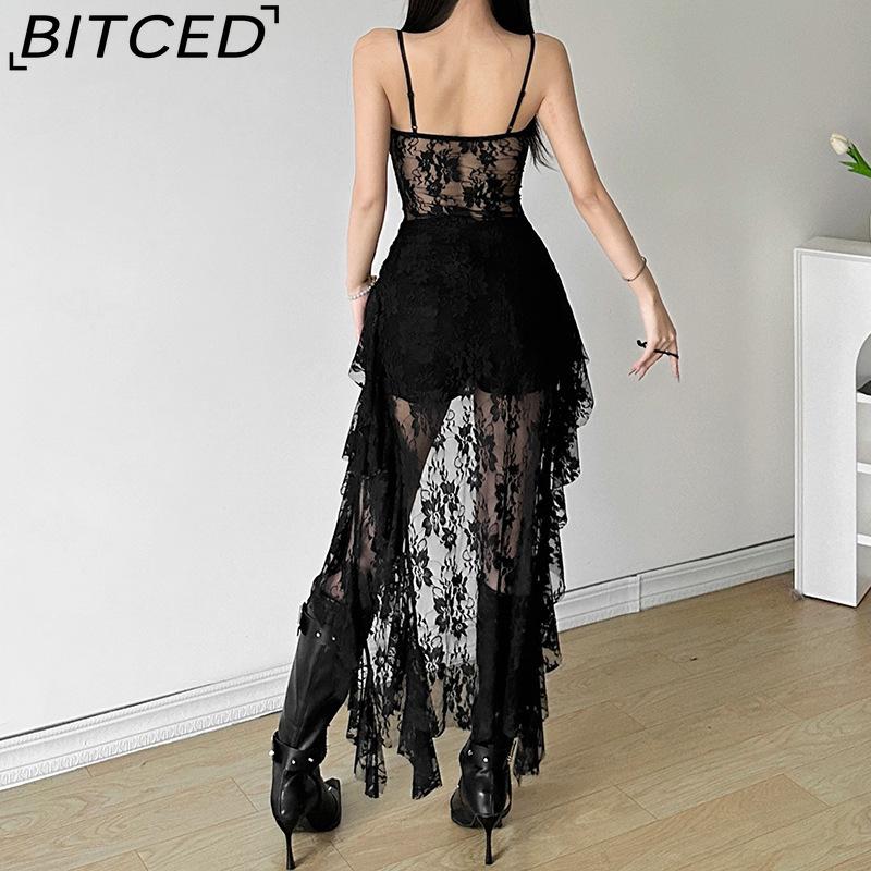 BITCED Summer Women's Solid-Colour Slim-Fit High-Waisted Fashion Strapless Backless Lace Dress